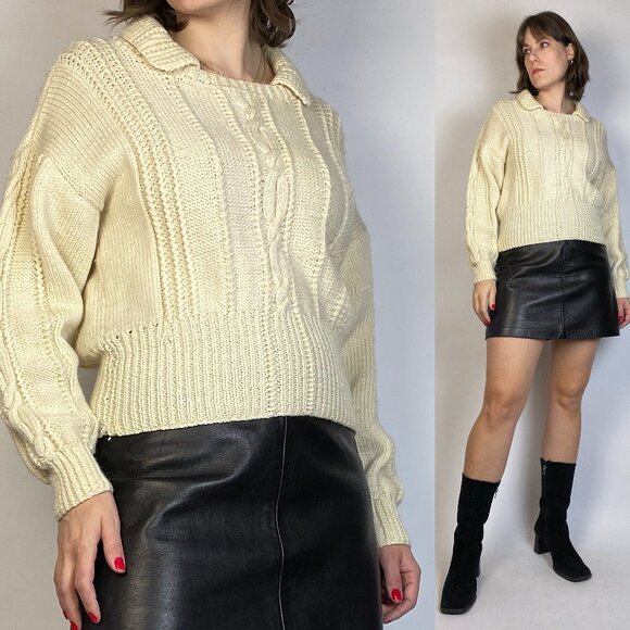 Vintage Cream CABLE Knit FISHERMAN Sweater with Collar Detail! Small to Medium - Picture 1 of 8